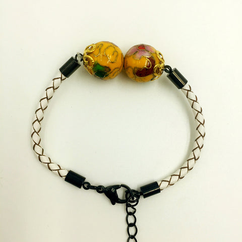 Twin Golden Yellow Beads on White Leather,  - MRNEIO LLC