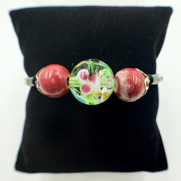 Triple Flower Green and Ceramic Beads on White Leather