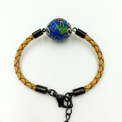Single Medium Blue Bead on Beige Leather,  - MRNEIO LLC