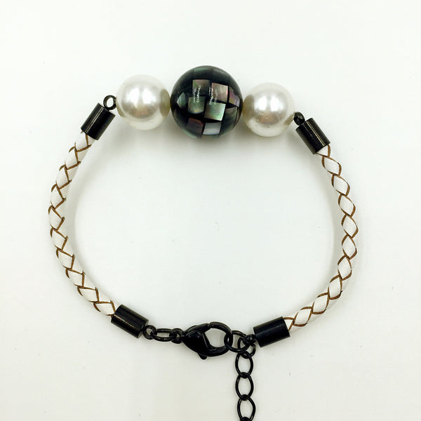 White Pearl Black Mother of Pearl Bead on White Leather,  - MRNEIO LLC