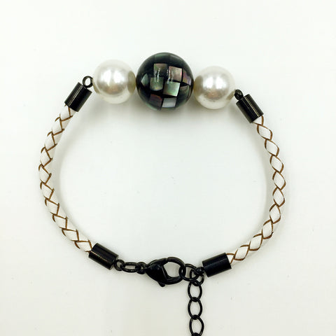 White Pearl Black Mother of Pearl Bead on White Leather,  - MRNEIO LLC
