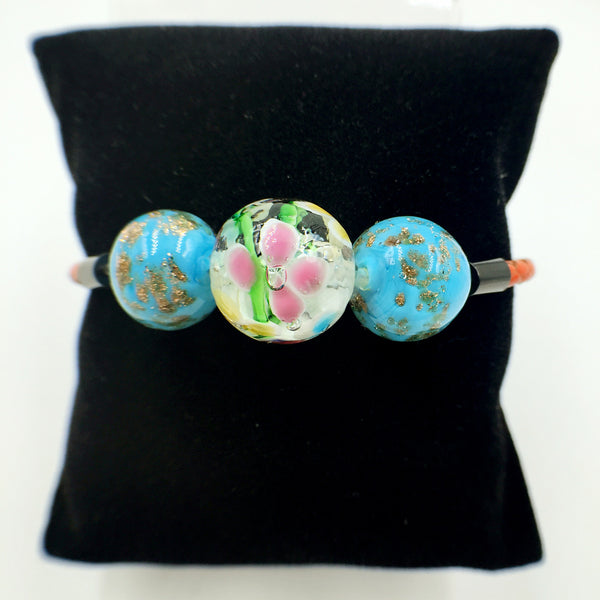 Triple Flower Clear and Gold Leaf Blue Beads on Orange Leather,  - MRNEIO LLC