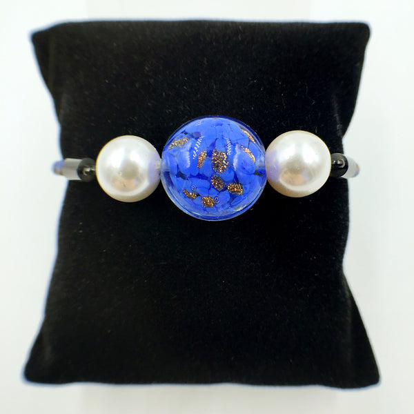 White Pearl Gold Leaf Blue Bead on Navy Blue Leather