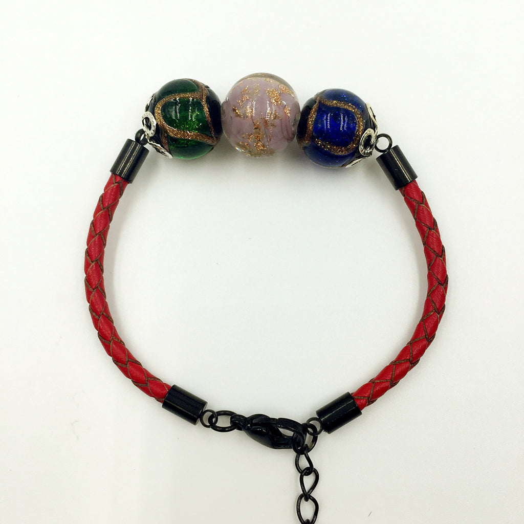 Triple Gold Leaf Purple and Stellar Green and Blue Beads on Red Leather,  - MRNEIO LLC