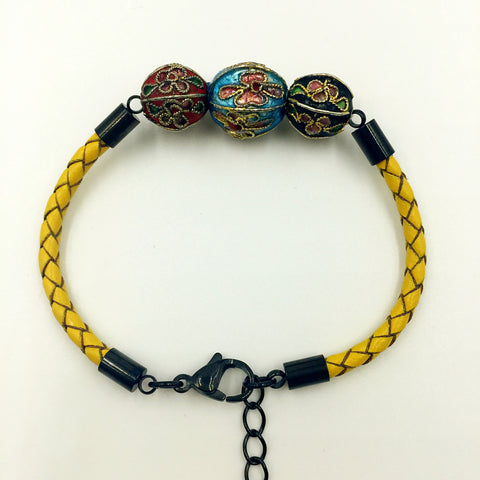 Triple Sky Blue, Red and Black Beads On Lemon Leather