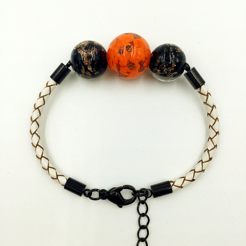 Triple Orange and Black Beads on White Leather,  - MRNEIO LLC