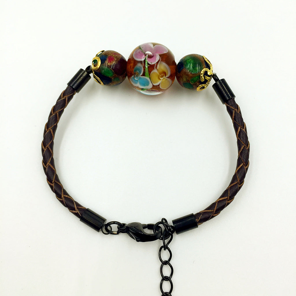 Triple Flower Brown and Gemstone Beads on Brown Leather,  - MRNEIO LLC