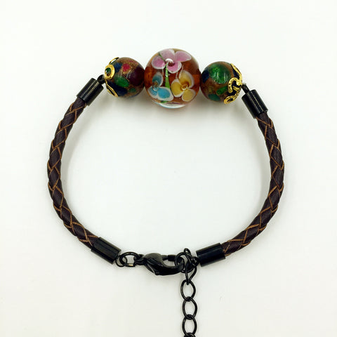 Triple Flower Brown and Gemstone Beads on Brown Leather,  - MRNEIO LLC