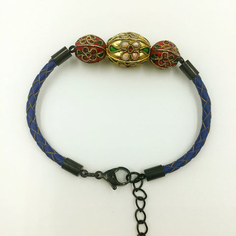 Triple Gold and Red Beads on Navy Blue Leather,  - MRNEIO LLC