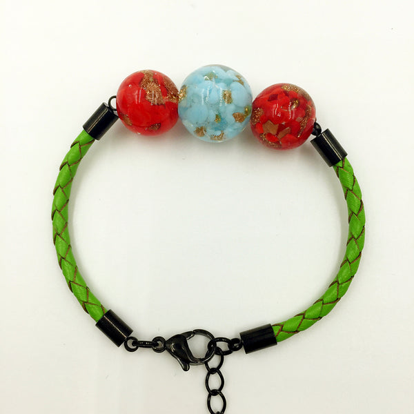 Triple Gold Leaf Turquoise and Red Beads on Green Leather,  - MRNEIO LLC
