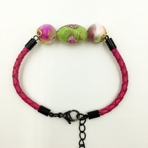 Triple Flower Green and Gemstone Beads on Rose Red Leather,  - MRNEIO LLC