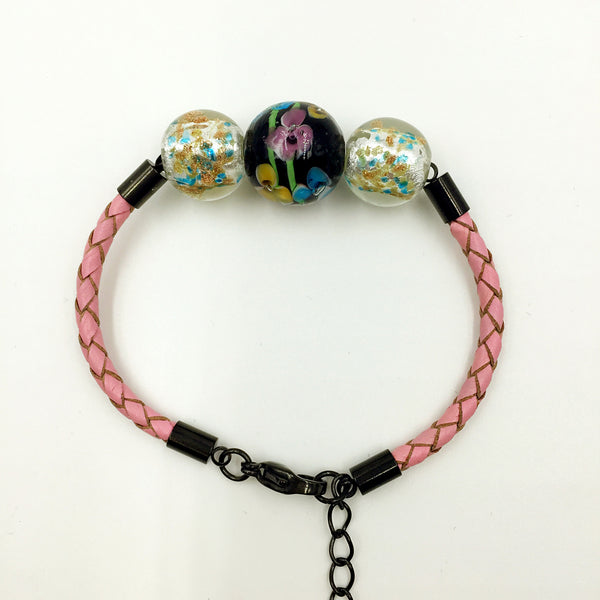 Triple Flower Black and Gold Leaf White Beads on Pink Leather,  - MRNEIO LLC