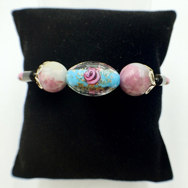 Triple Flower Turquoise and Gemstone Beads on Pink Leather