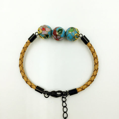 Triple Sky Blue Beads on Beige Leather,  - MRNEIO LLC