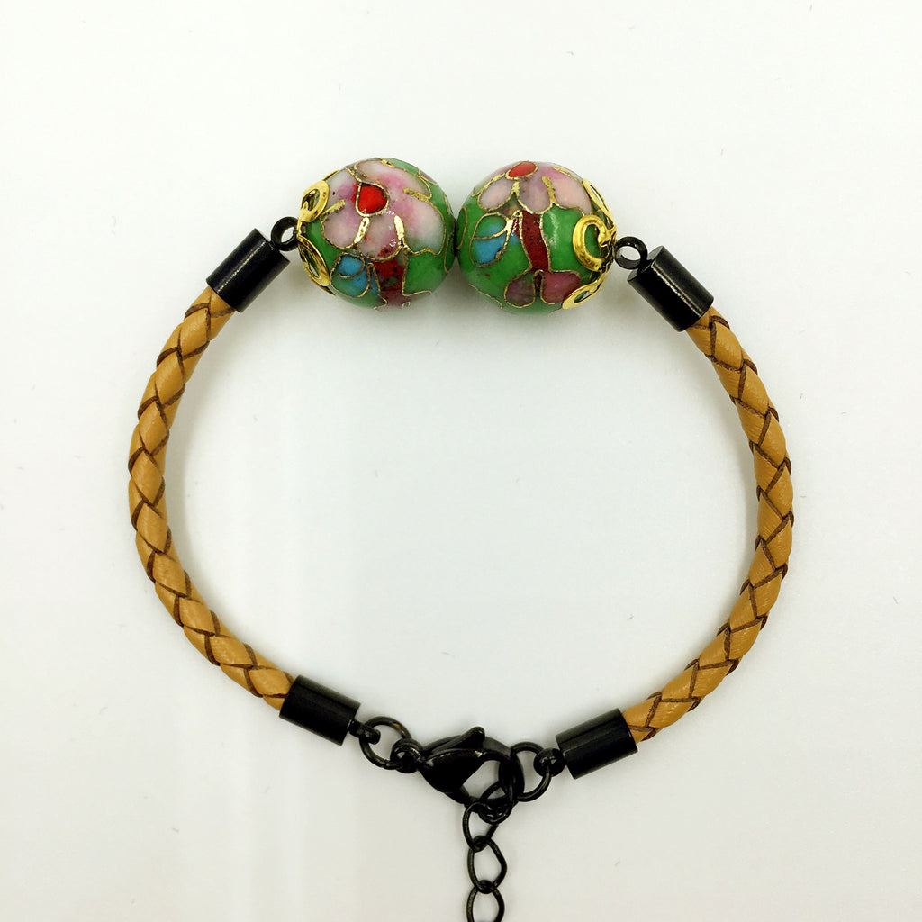 Twin Green Beads on Beige Leather,  - MRNEIO LLC
