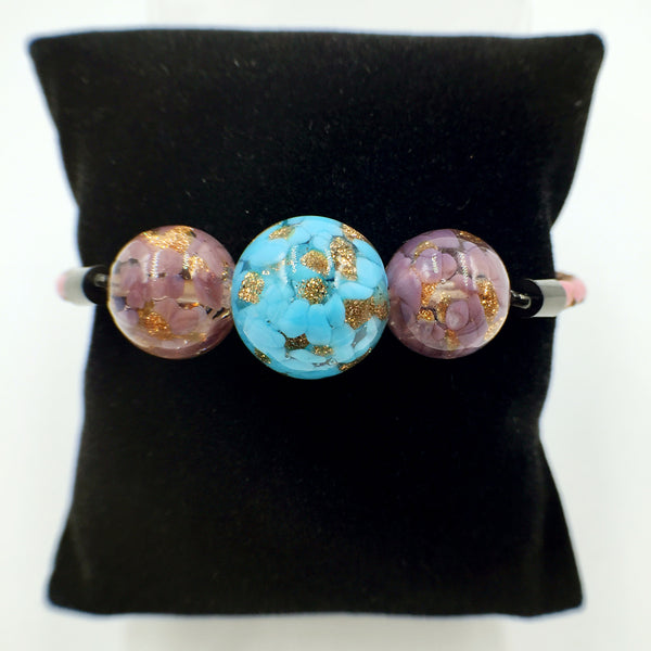 Triple Gold Leaf Sky blue and Purple Beads on Pink Leather