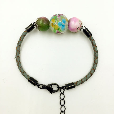 Triple Flower Yellow and Gemstone Beads on Grey Leather,  - MRNEIO LLC