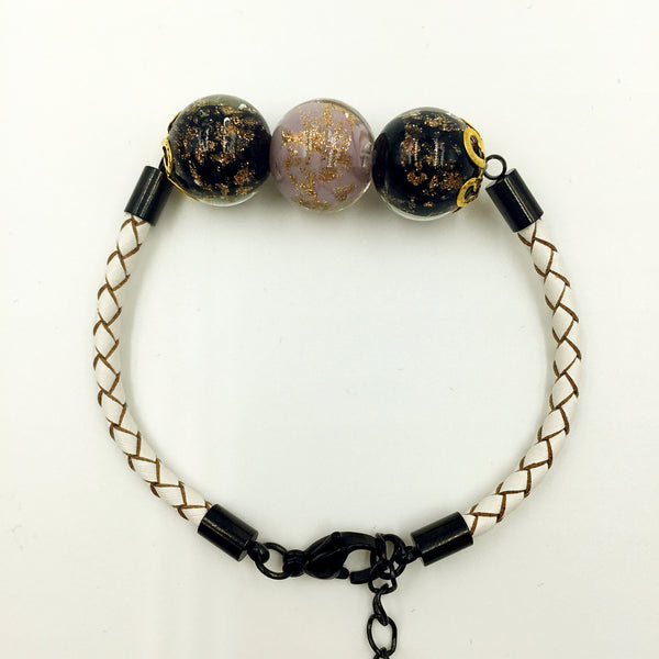 Triple Gold Leaf Purple and Black Beads on White Leather,  - MRNEIO LLC