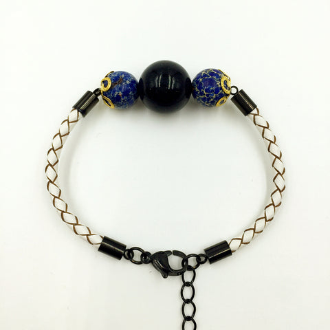 Faux Black and Blue Gemstones on White Leather,  - MRNEIO LLC