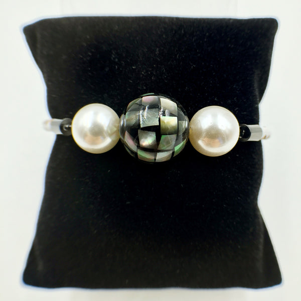 White Pearl Black Mother of Pearl Bead on White Leather,  - MRNEIO LLC