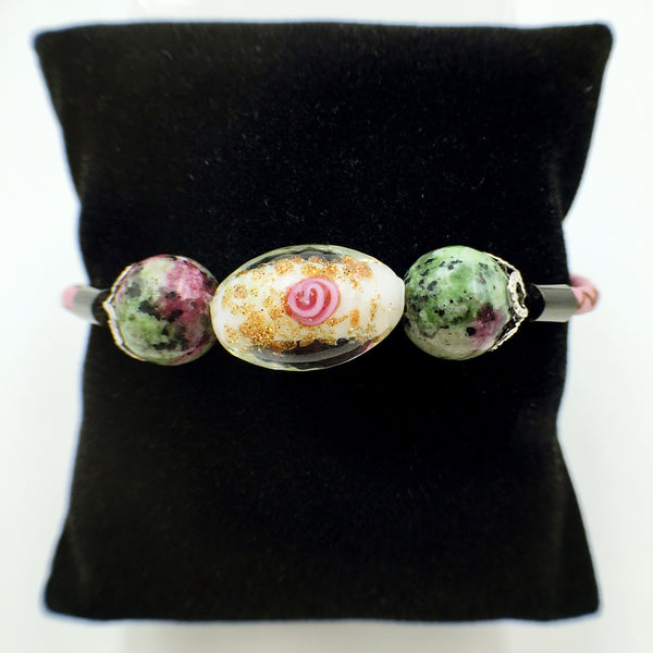 Triple Flower White and Gemstone Beads on Pink Leather,  - MRNEIO LLC