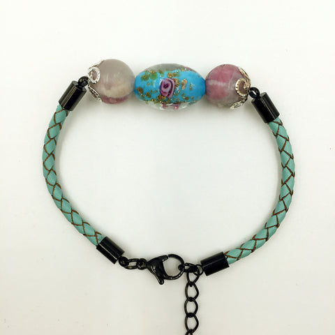 Triple Flower Sky Blue and Gemstone Beads on Turquoise Leather,  - MRNEIO LLC