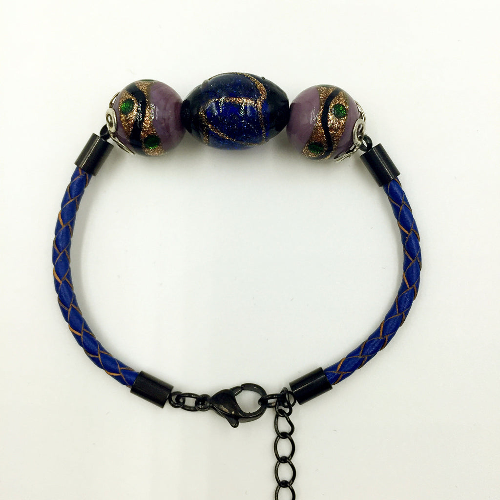 Triple Stellar Navy Blue and Purple Beads on Navy Blue Leather,  - MRNEIO LLC
