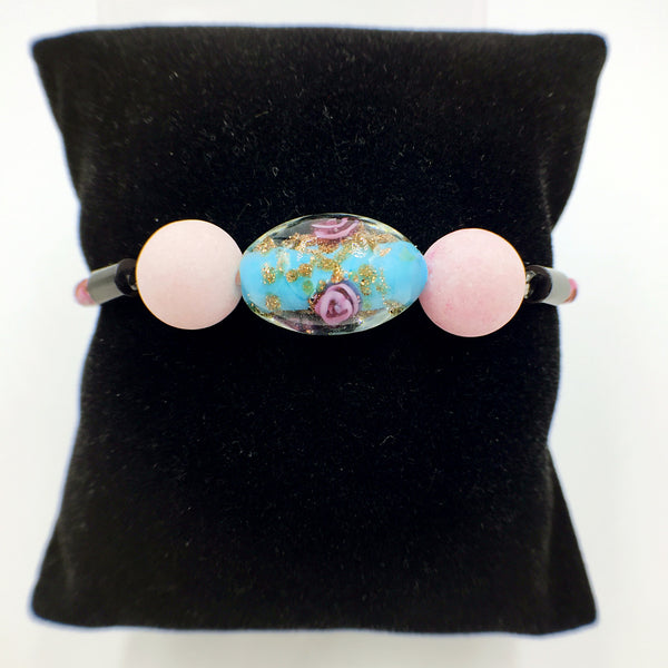 Pink Macaron Turquoise Flower Bead on Rose Red Leather