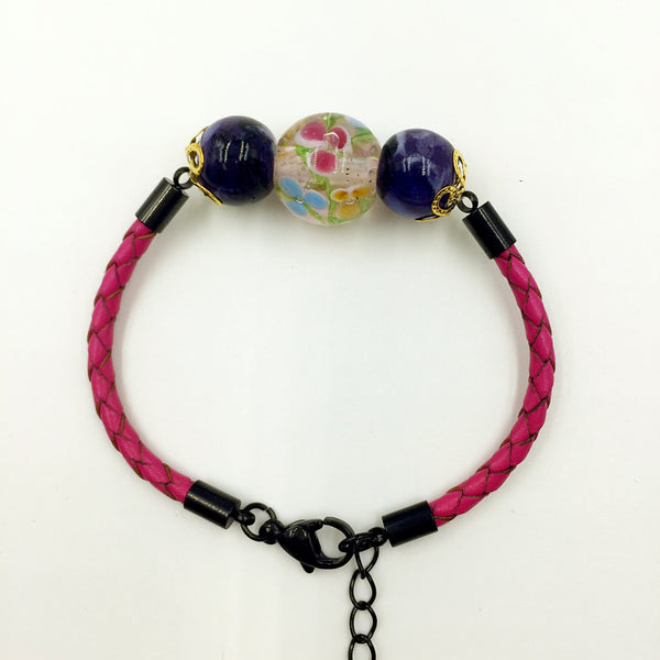 Triple Flower Pink and Ceramic Beads on Rose Red Leather,  - MRNEIO LLC