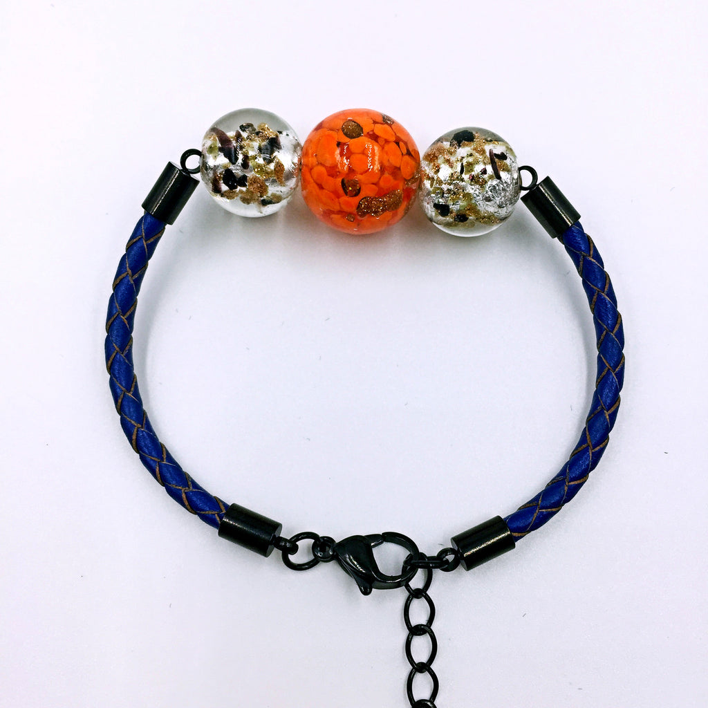 Triple Gold Leaf Orange and Black Beads on Navy Blue Leather,  - MRNEIO LLC