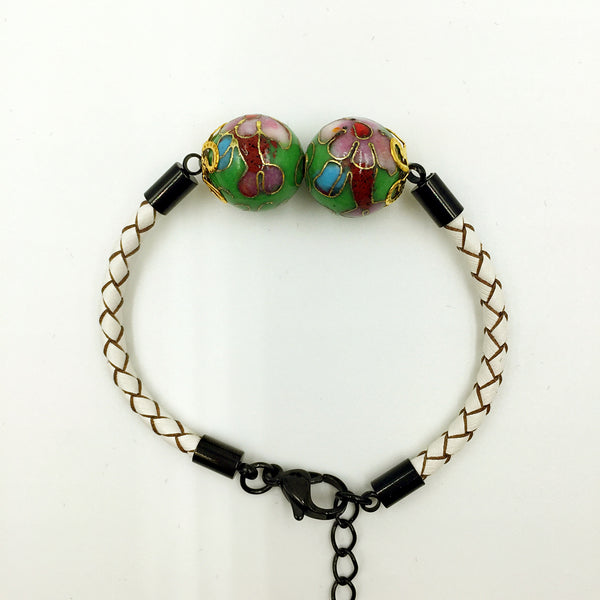 Twin Green Beads on White Leather,  - MRNEIO LLC