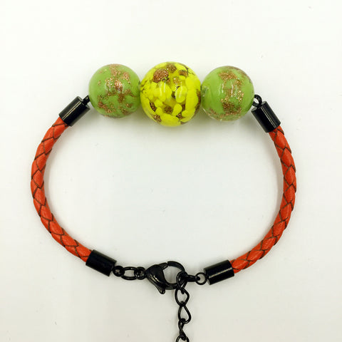 Triple Gold Leaf Yellow and Green Beads on Orange Leather,  - MRNEIO LLC