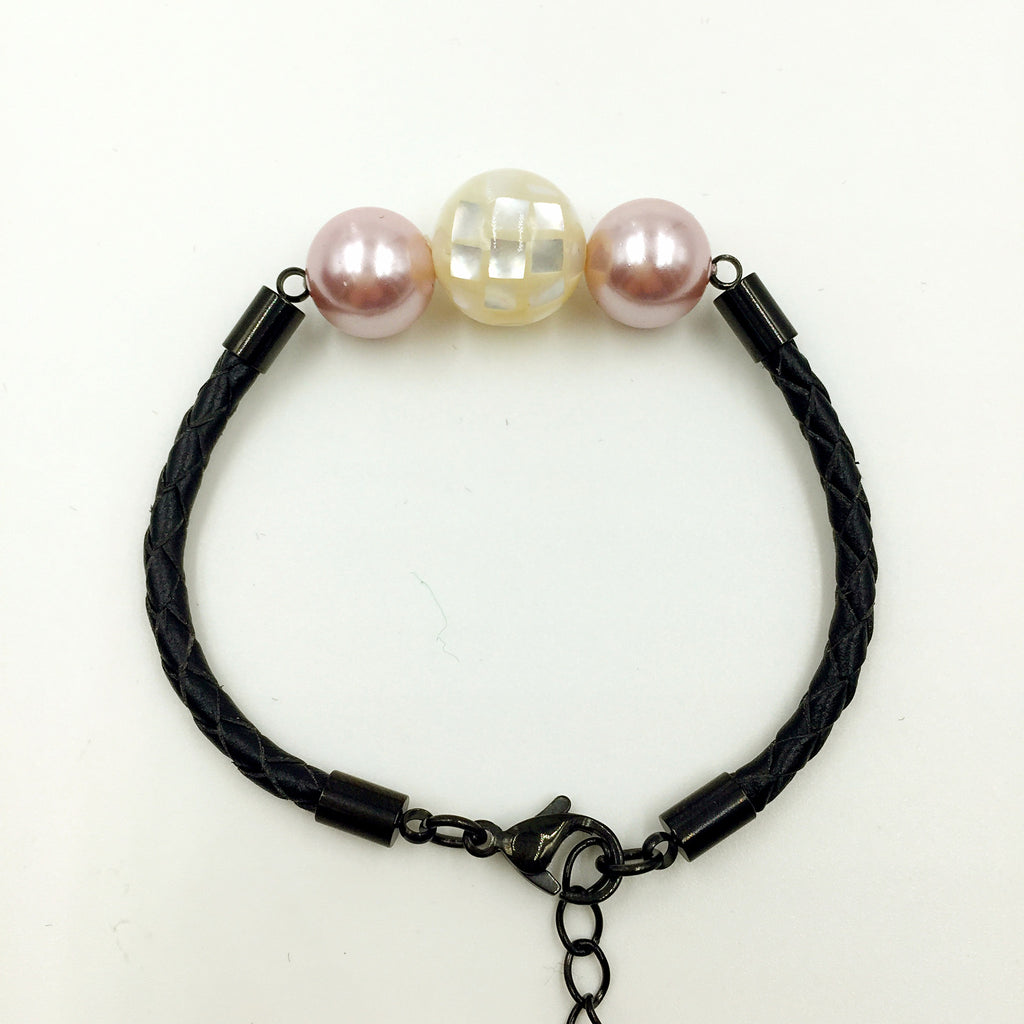 Pink Pearl White Mother of Pearl Bead on Black Leather,  - MRNEIO LLC