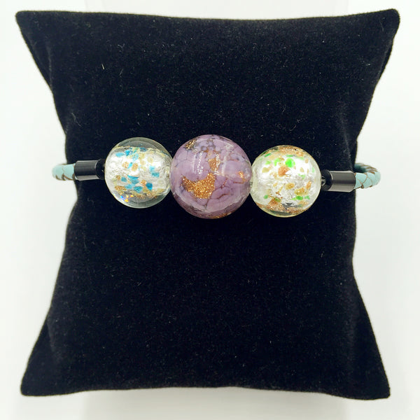 Triple Gold Leaf Purple and White Beads on Turquoise Leather,  - MRNEIO LLC