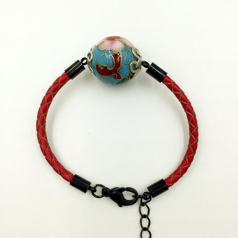 Single Blue Turquoise Bead on Red Leather,  - MRNEIO LLC