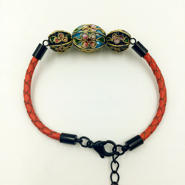 Triple Sky Blue and Black Beads on Orange Leather,  - MRNEIO LLC