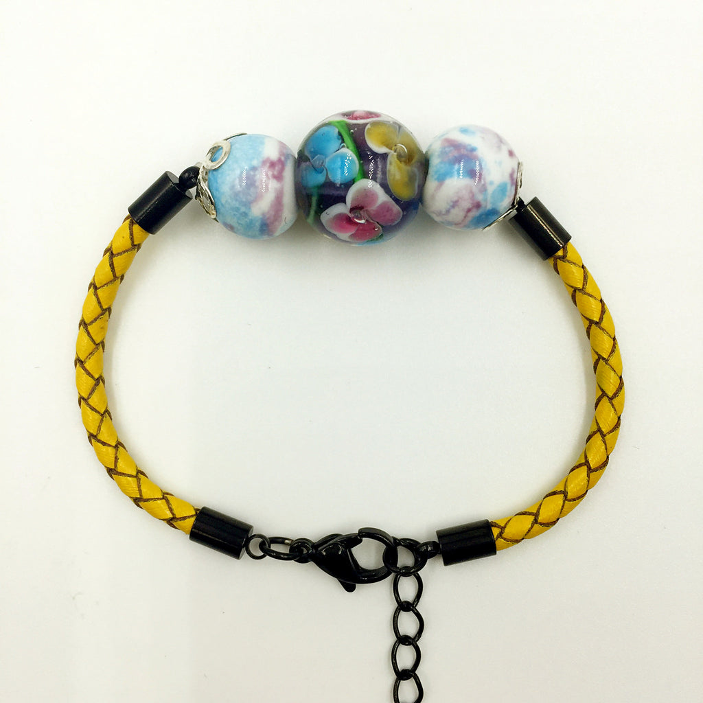 Triple Flower Purple and Ceramic Beads on Yellow Leather,  - MRNEIO LLC