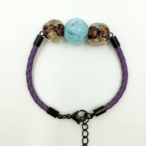 Triple Gold Leaf Light Blue and Dark Purple Beads on Purple Leather,  - MRNEIO LLC