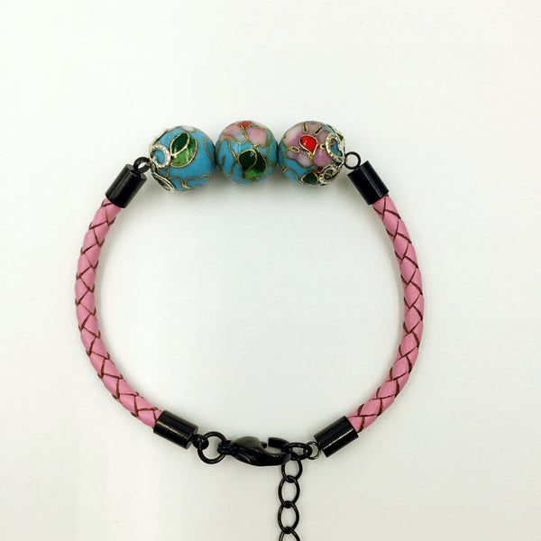 Triple Turquoise Beads on Pink Leather,  - MRNEIO LLC
