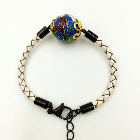 Single Medium Blue Bead on White Leather,  - MRNEIO LLC