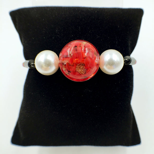 White Pearl Red Bead on Red Leather