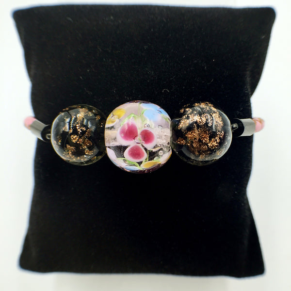 Triple Flower Pink and Gold Leaf Black Beads on Pink Leather,  - MRNEIO LLC