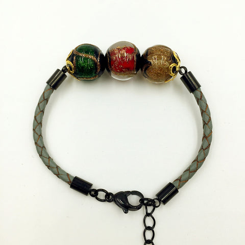 Triple Stellar Red, Green and Brown Beads on Grey Leather,  - MRNEIO LLC