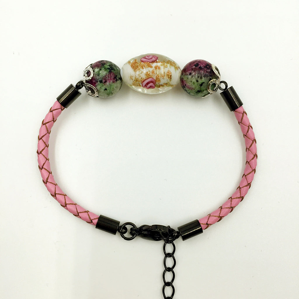 Triple Flower White and Gemstone Beads on Pink Leather,  - MRNEIO LLC
