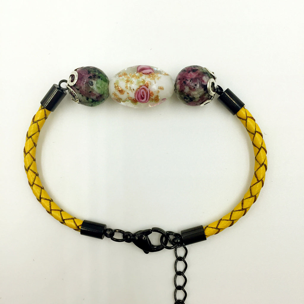 Triple Flower White and Gemstone Beads on Yellow Leather,  - MRNEIO LLC