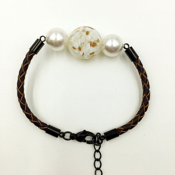 White Pearl White Bead on Brown Leather