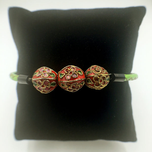 Triple Red Beads on Green Leather,  - MRNEIO LLC