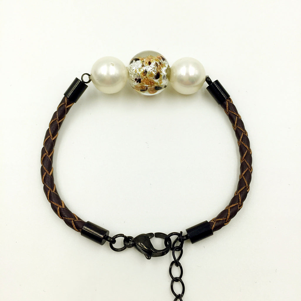White Pearl Gold leaf White Bead on Brown Leather,  - MRNEIO LLC