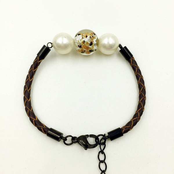 White Pearl Gold leaf White Bead on Brown Leather,  - MRNEIO LLC