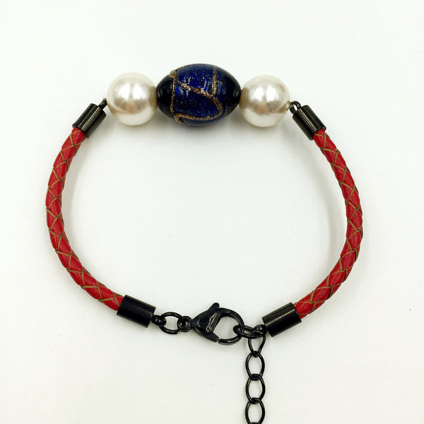 White Pearl Stellar Blue Bead on Red Leather,  - MRNEIO LLC